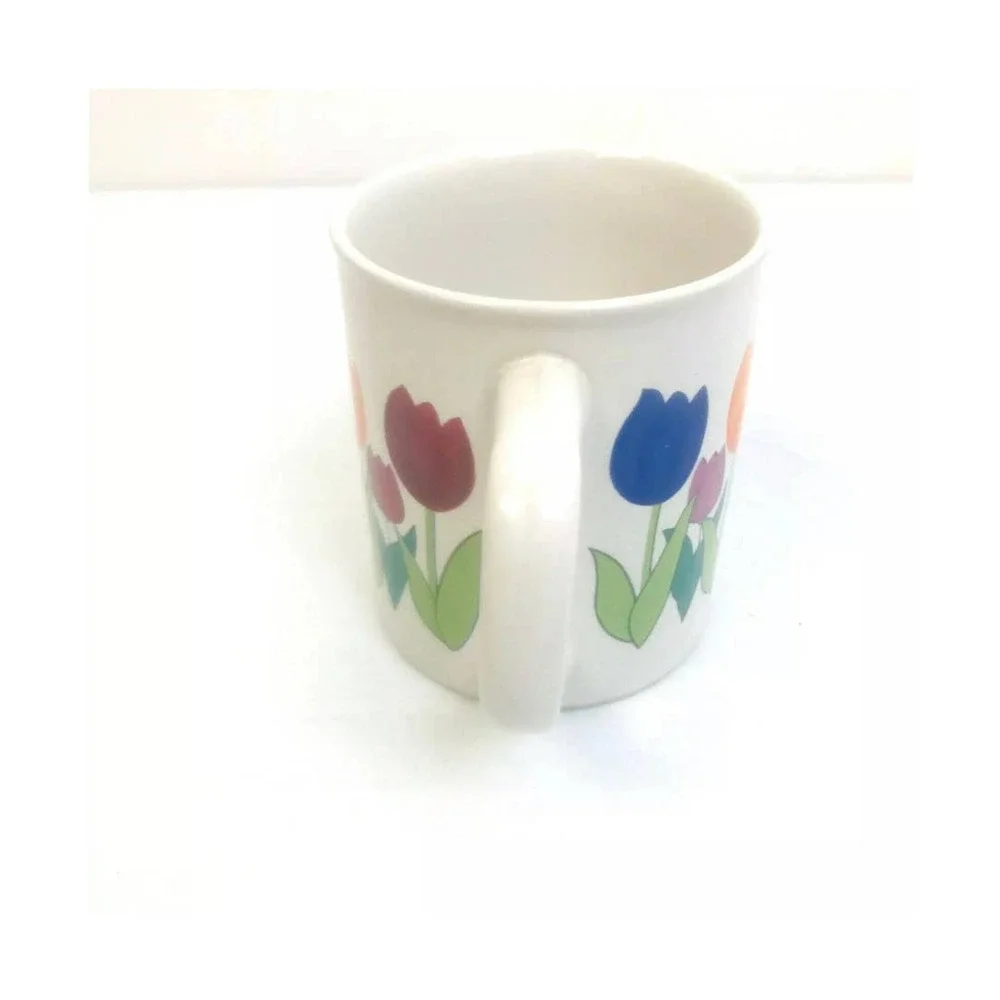 Vintage Coffee Mug Tulips Spring Flowers Cup Blue Red Green Yellow